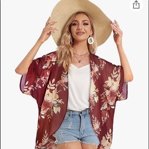 Maroon Sheer Kimono with white details